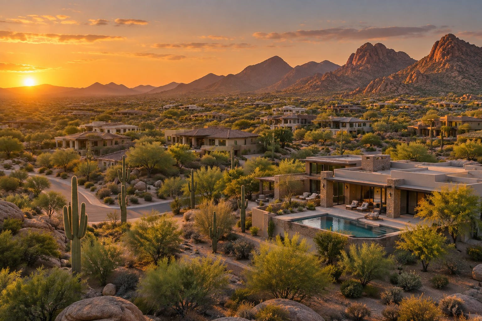 An aerial view over a Scottsdale Arizona desert neighborhood at golden hour, illustrative