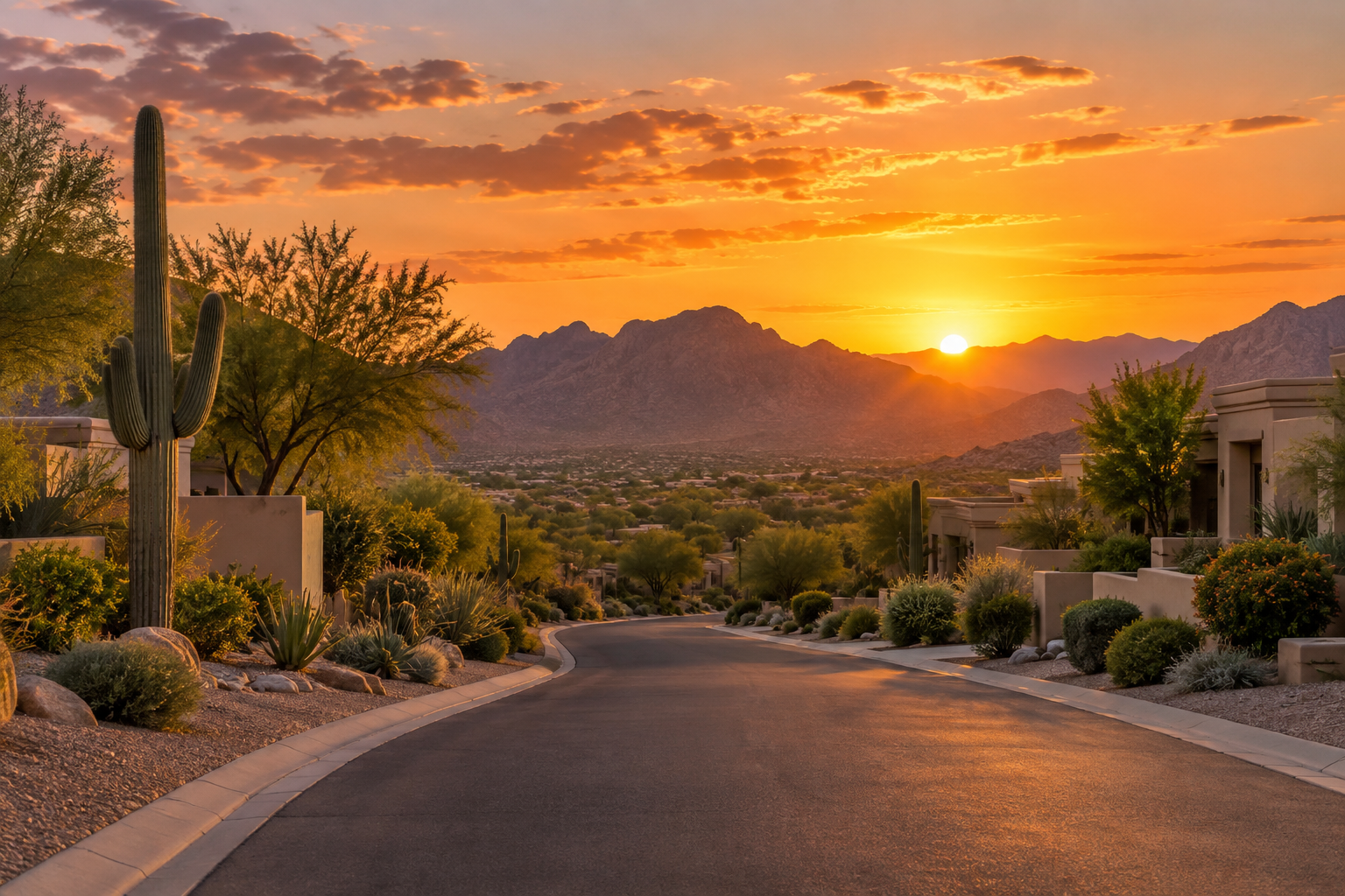 A Scottsdale street at sunset, illustrative