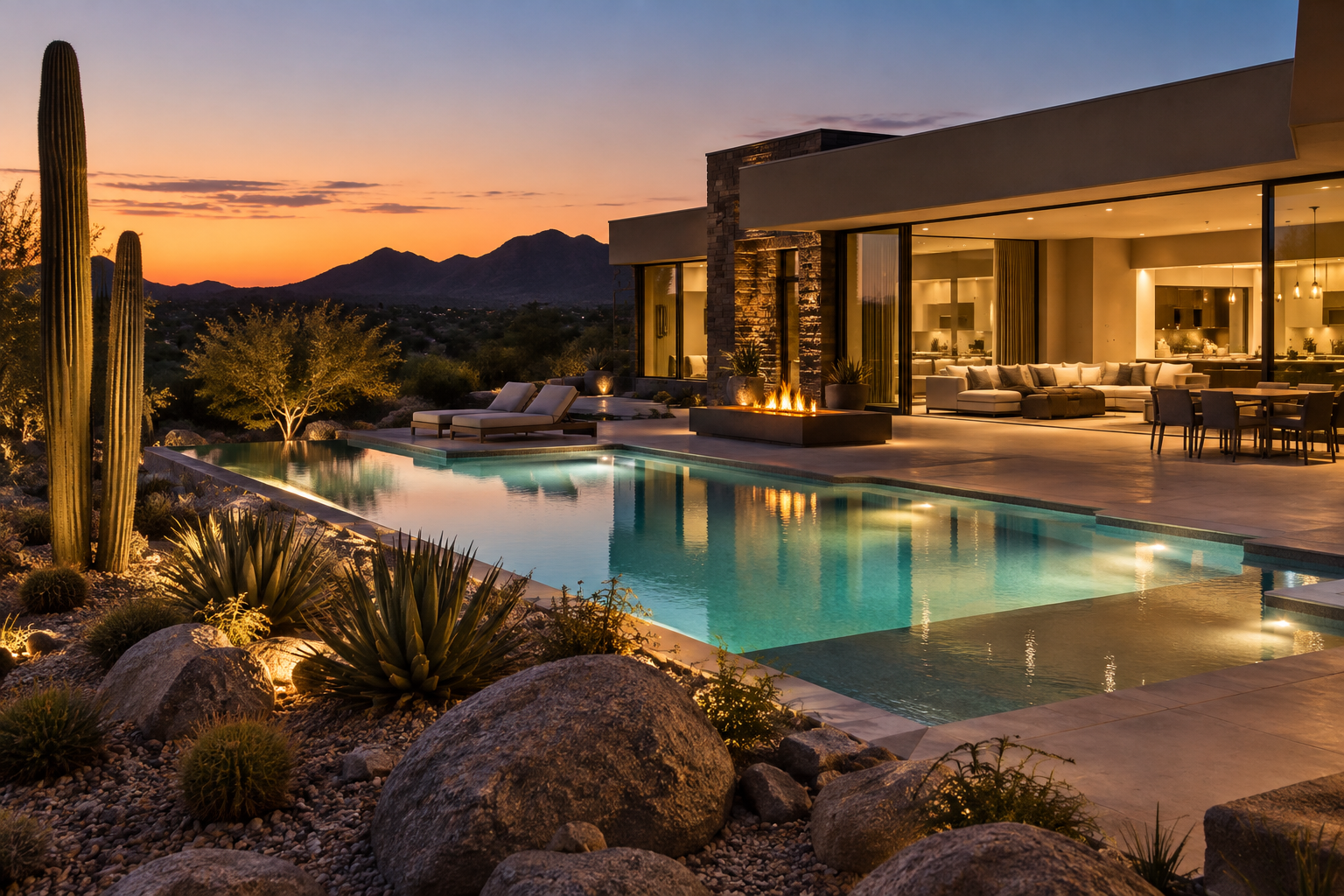 A luxury Scottsdale Arizona home exterior at dusk, illustrative